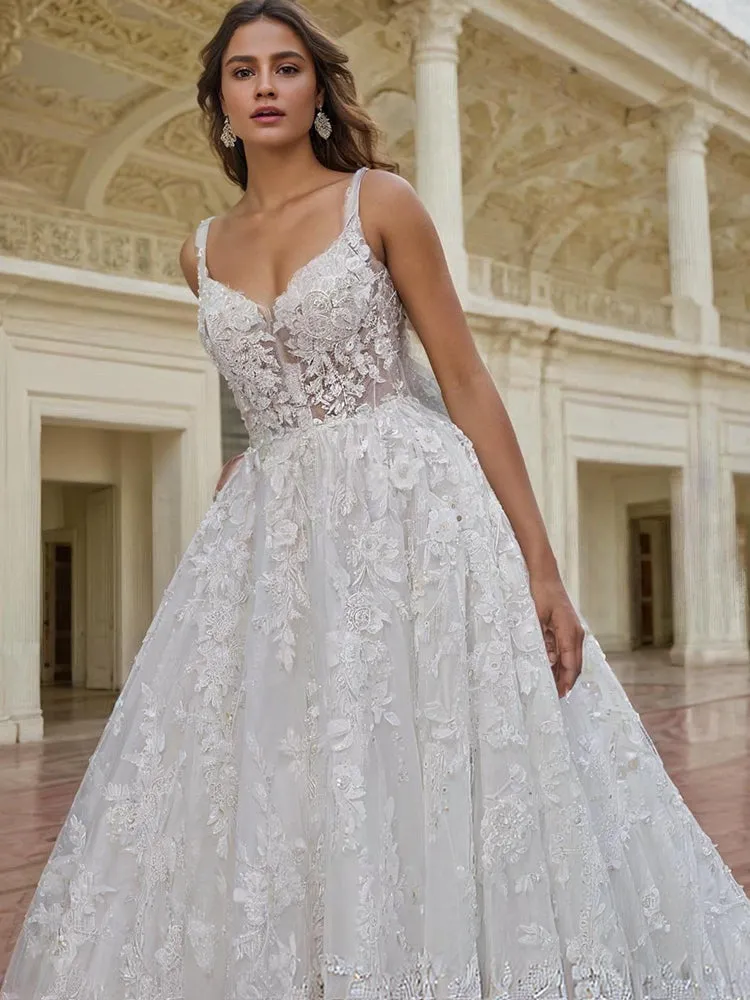 New Arrival Lace Appliques Ivory Spaghetti Straps Wedding Gown